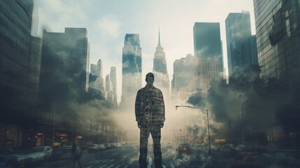 man, silhouette, city, double exposure art, skyscraper, high quality, 16:9