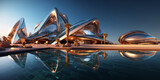 Fototapeta Perspektywa 3d - A futurustic luxury modern resort hotel with a beautiful swimming pool