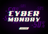 Fototapeta Panele - Cyber Monday sale text with glitch effect over discount offer and dark background for online shopping