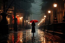Beautiful Woman One Rainy Night With A Red Umbrella