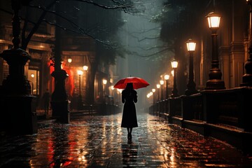 beautiful woman one rainy night with a red umbrella