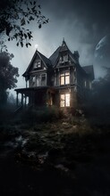 Mesmerizing Haunted House Engulfed In Misty Mo Onlight 