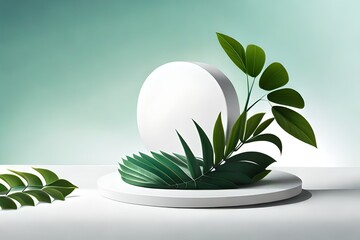 Poster - Spring fresh abstract stage mockup for presentation cosmetic product, goods, design, advertising with white circles as podium, green tropical leaves in sunlight in light minimal style, copy space