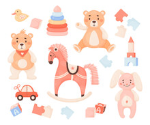 Cute Children Toys. Plush Toys Teddy Bear And Bunny, Duck, Rocking Horse, Pyramid And Cubes, Puzzles And Clockwork Machine. Isolated Vector Illustration In Cartoon Style. Kids Collection.