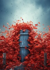 Wall Mural - an old wooden door surrounded by red leaves, with the sky and clouds in the image is created using photoshopped