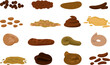 Poop elements. Isolated dog or human poops. Cartoon excrement animal, various fecal for medical check up or bristol scale, decent vector icons