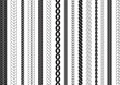 Braid lines brushes. Braided frames, knit texture seamless pattern. Rope or plait designs elements. Cord decoration border decent vector graphic set