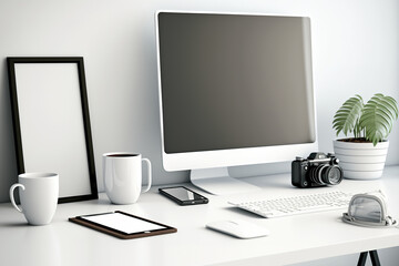 Modern office with blank tablet, camera, and office supplies on white table. Generative AI