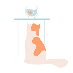 Curious cat watching on aquarium fish. Domestic family pet, fluffy kitten friend cartoon vector illustration