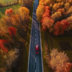 Wall Mural - a red car driving down a road in the middle of an autumn forest with yellow, orange and red trees