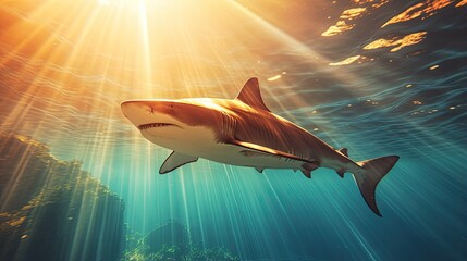 Wall Mural - The shark swims in the water column next to the reef. Big predatory fish swimming in the ocean. Underwater scene with sun rays. Illustration for cover, card, postcard, interior design, decor or print.