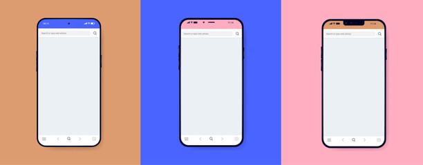 Phones with empty web browser collection - Set of unbranded smartphones with blank screen on coloured background. Flat design top view vector illustration