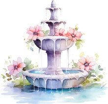 A Watercolor Illustration Of A Fountain Surrounded With Flowers