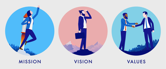 Leinwandbilder - Business mission vision and values vector - Set of illustrations with core values metaphors in round frames. Flat design
