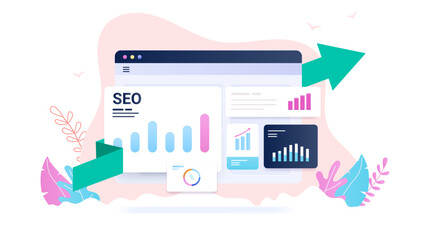 Fototapete - Search engine optimisation - SEO illustration with browser window with rising chart and green arrow pointing upwards. Decorative semi flat vector design