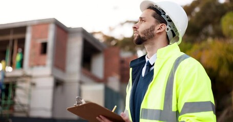 Canvas Print - Checklist, man and inspection at construction site for urban building development, quality control and safety. Engineering, architecture and project management with clipboard for property planning.