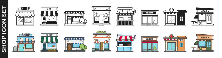Set of store icon. Shops and stores icons set in flat design style. Fast food, shop book, bar, pharmacy and coffe