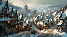 View Of A Fantasy Medieval Town In Winter With Ancient Buildings Covered In Snow And People Walking Along The Street