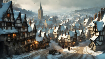 view of a fantasy medieval town in winter with ancient buildings covered in snow and people walking along the street