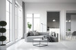 © Sona - minimalistic interior of an ultramodern open-plan apartment with white and gray walls with relief. gray elegant upholstery and large windows. Generative AI