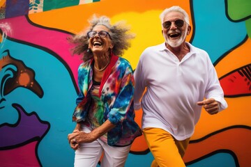 Wall Mural - Happy old couple in colorful clothes in front of a colorful background wall.