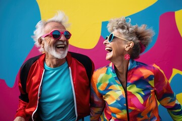 Wall Mural - Happy old couple in colorful clothes in front of a colorful background wall.