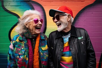 Wall Mural - Happy old couple in colorful clothes in front of a colorful background wall.