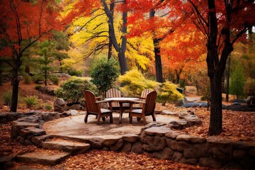 two chairs and a table in the middle of a garden surrounded by trees with fall foliages on either sides