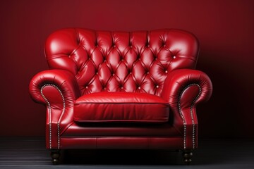 Wall Mural - A red leather chair against a red wall. Generative AI image.