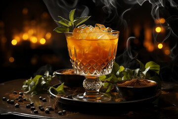 A glass goblet with a creative colored Halloween-style cocktail in a light haze. Cocktail on a dark background with scary decorations.