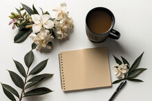 Mockup Of An Open Notepad On A Beige Table With A Cup Of Coffee And Oleander. Generative AI