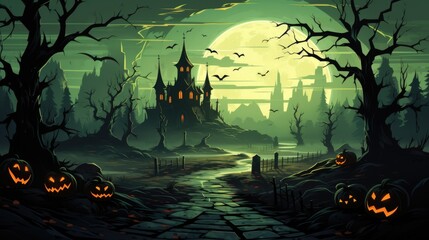 Halloween celebration background scary nightmare with dark moon light cemetery.