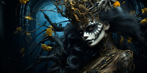 Wall Mural - illustration of beautiful sexy witch with Halloween makeup. skull face painting. lush hairdo.