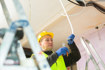 Wall Mural - Electrician in protective uniform and helmet with pliers in his hands prepares electrical wiring in a house under construction