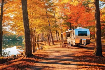 Wall Mural - an rv parked on the side of a road next to a body of water surrounded by trees in fall colors