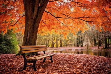 Wall Mural - a bench in the middle of a park with autumn leaves on the ground and trees turning to red orange color