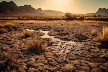 Wall Mural - the desert with mountains in the background and water puddles on the ground, taken from an angleer's perspective