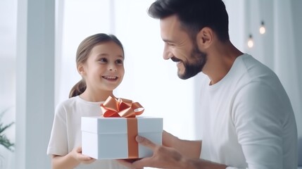 Happy girl is giving a gift box decorated with ribbon to the happy father on blurred home background, concept of happy fathers day, with copy space.