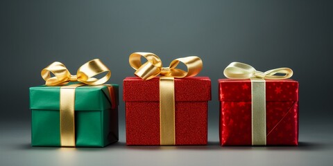 Wall Mural - Red and green gift boxes decorated with golden ribbon in a row isolated on dark glowing background with copy space, presents for Christmas and New year.