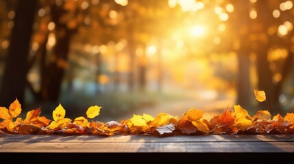 Wall Mural - Autumn Leaves on Wooden Surface Surface of old wooden planks covered with colorful autumn leaves