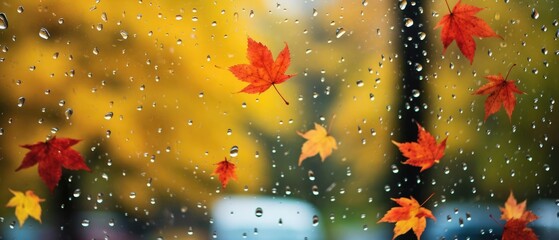 Wall Mural - Autumn Rain Raindrops on a window focusing on yellow and red leaves in the background