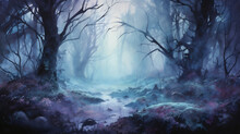 Vibrant Watercolor Painting, Eerie Haunted Forest Landscape With Twisted Gnarled Trees, Halloween, Generative AI