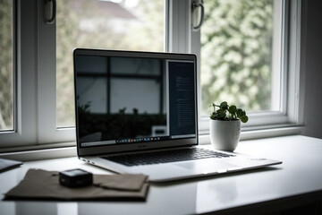 Business laptop computer background blur with curtain window. copy room. Generative AI