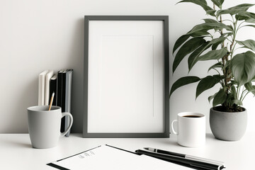 Sticker - A small desk with a book, coffee cup, picture frame, and pencil holder. For your advertisement content, use the copyspace. Generative AI