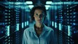 © Fred - Close up Portrait of a woman in an ultramodern high tech server farm monitoring data streams