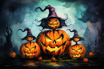 Wall Mural - Scary pumpkin lanterns in haunted forest on spooky Halloween night