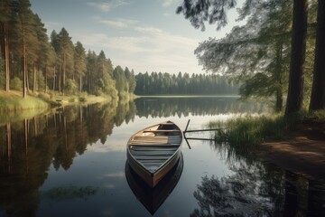 Wall Mural - A boat by a lake in a forest, AI generated