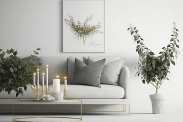 Grey sofa, pillows, coffee tables, candles, and eucalyptus branches in living room mockup on white wall. Christmas decoration illustration. Generative AI