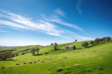 Canvas Print - Hut and flock of sheep on green meadow