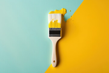 Wall Mural - Mock-up image of a paintbrush with white paint on a yellow background. Generative AI